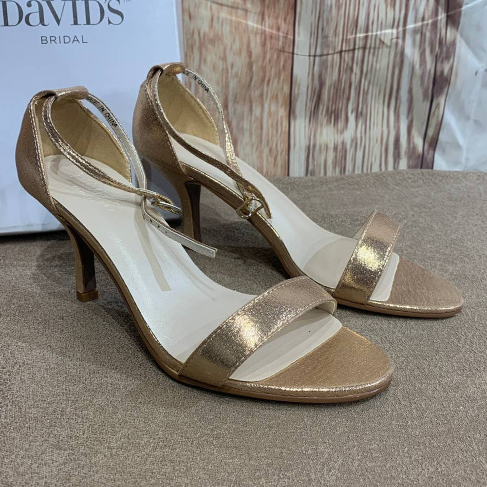 Used Davids Bridal Size 7W Shiny Rose Gold Nayomi Strappy 3" Heels Wedding Shoes